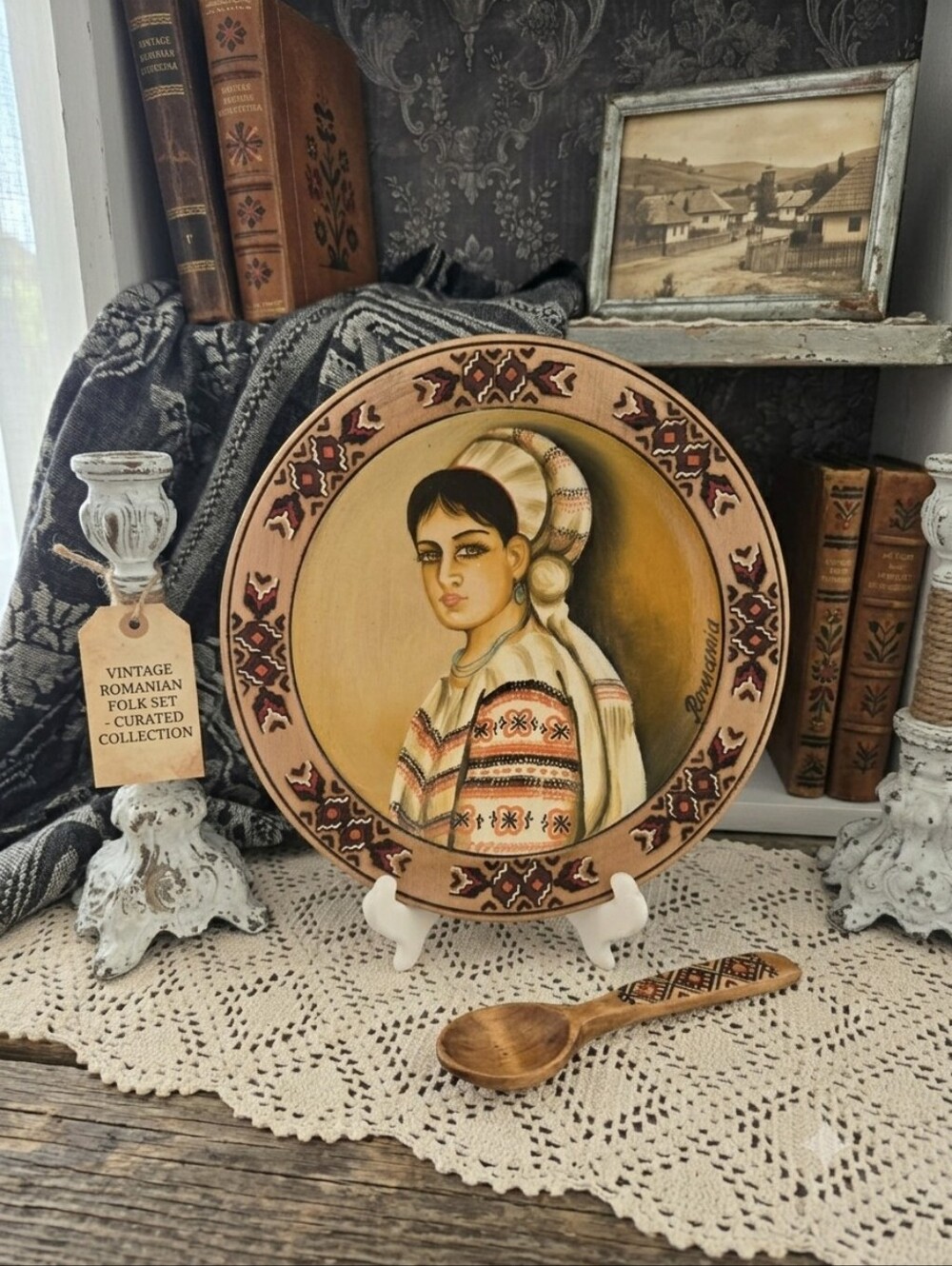 Vintage Hand-Painted Romanian Folk Art Wooden Wall Plate